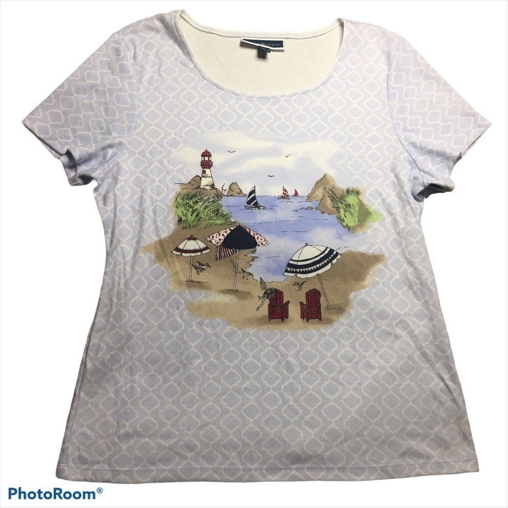 Karen Scott Lighthouse Embellished Graphic T-Shirt Short Sleeve Coastal Large